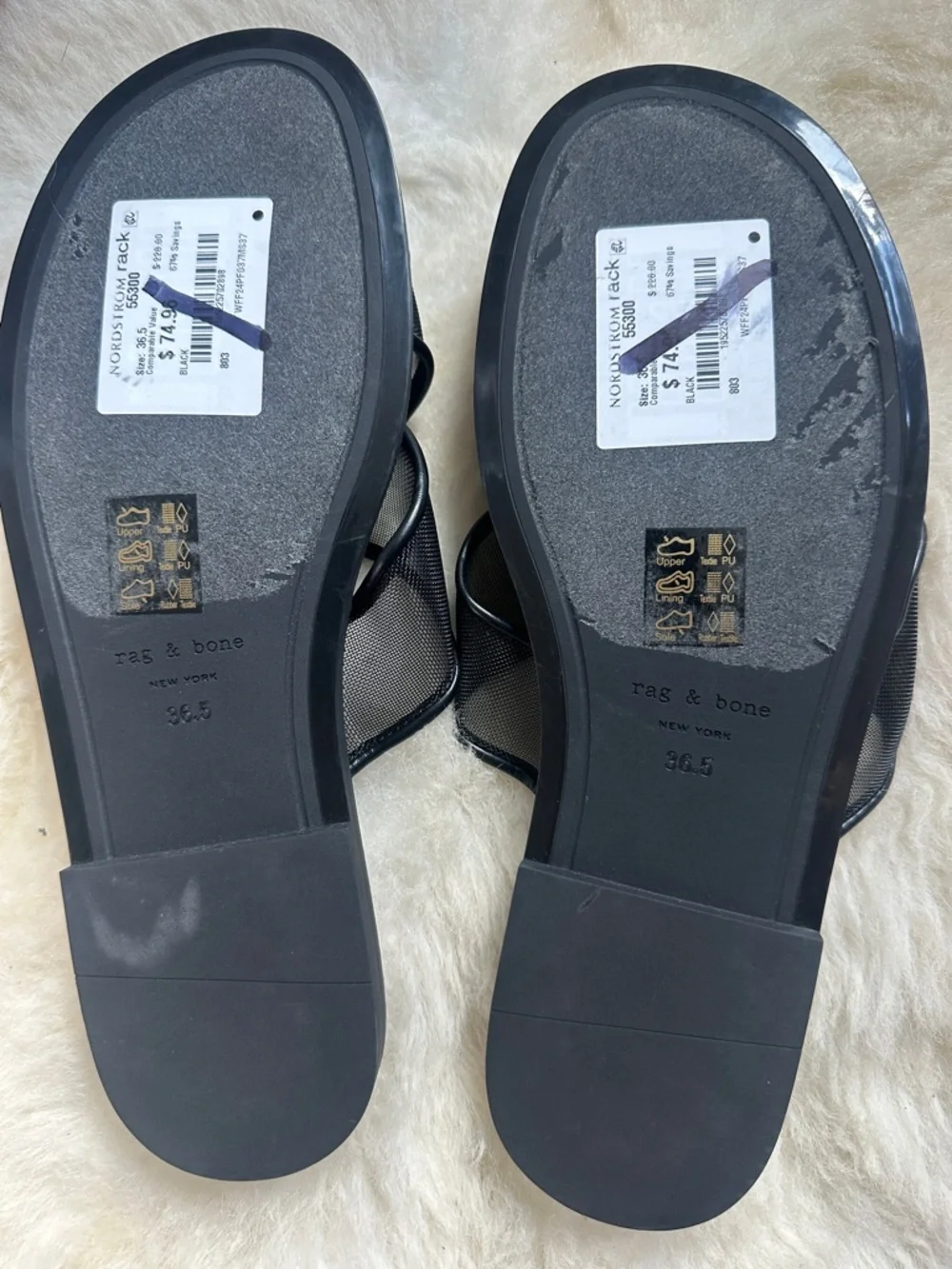 Rag & Bone Geo Mesh Cross Strap Sandals Black Slide Leather Trim Cushioned NEW